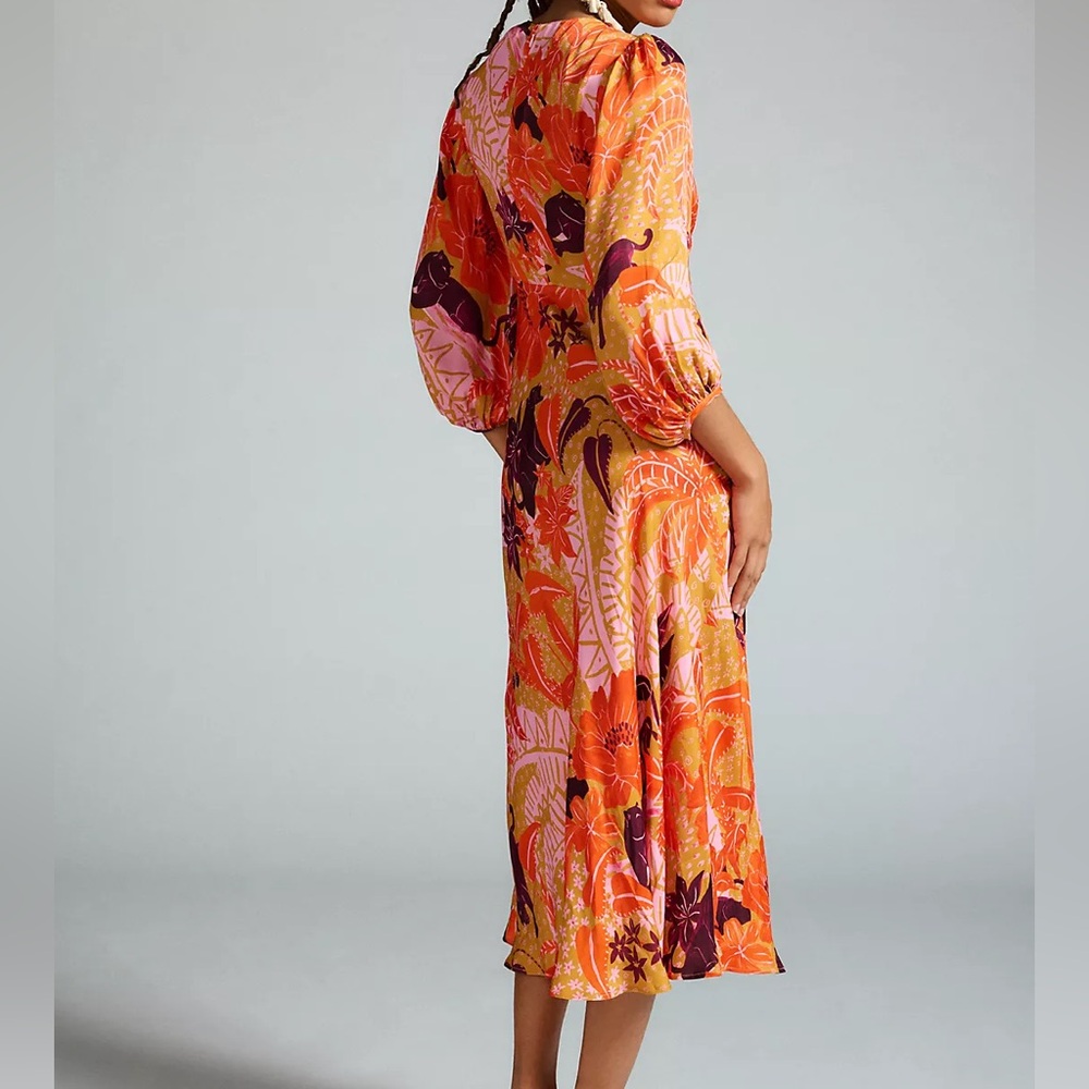 NWT FARM Rio Puff-Sleeve Cutout Slip Dress Midi Women’s XS Jungle Panther - Picture 3 of 11